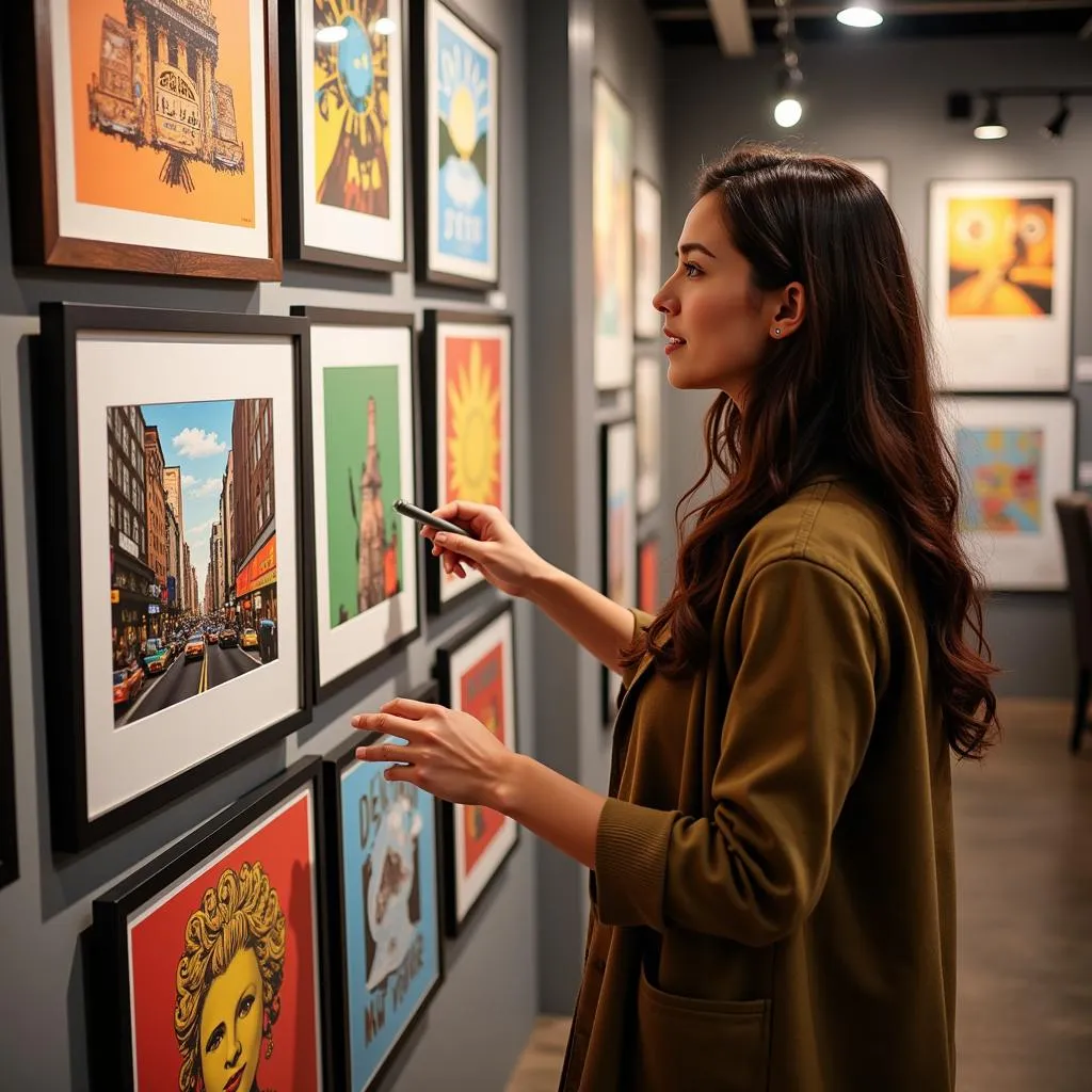 A woman selecting a New York poster in a shop