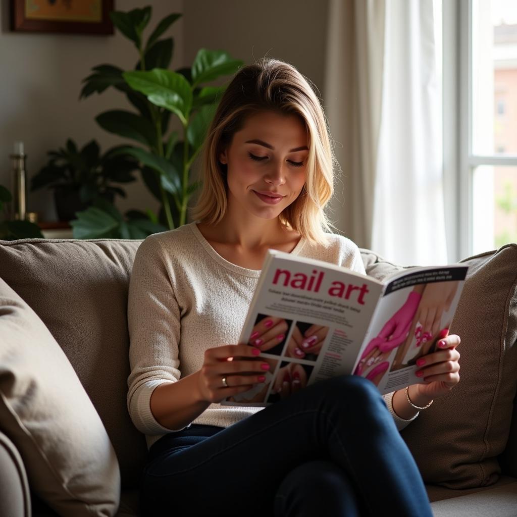 A woman reading a nail art magazine at home