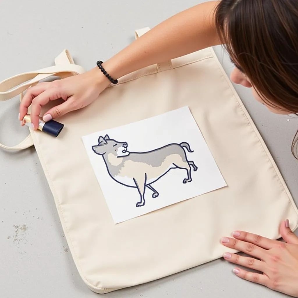 Woman using a stencil to decorate a tote bag