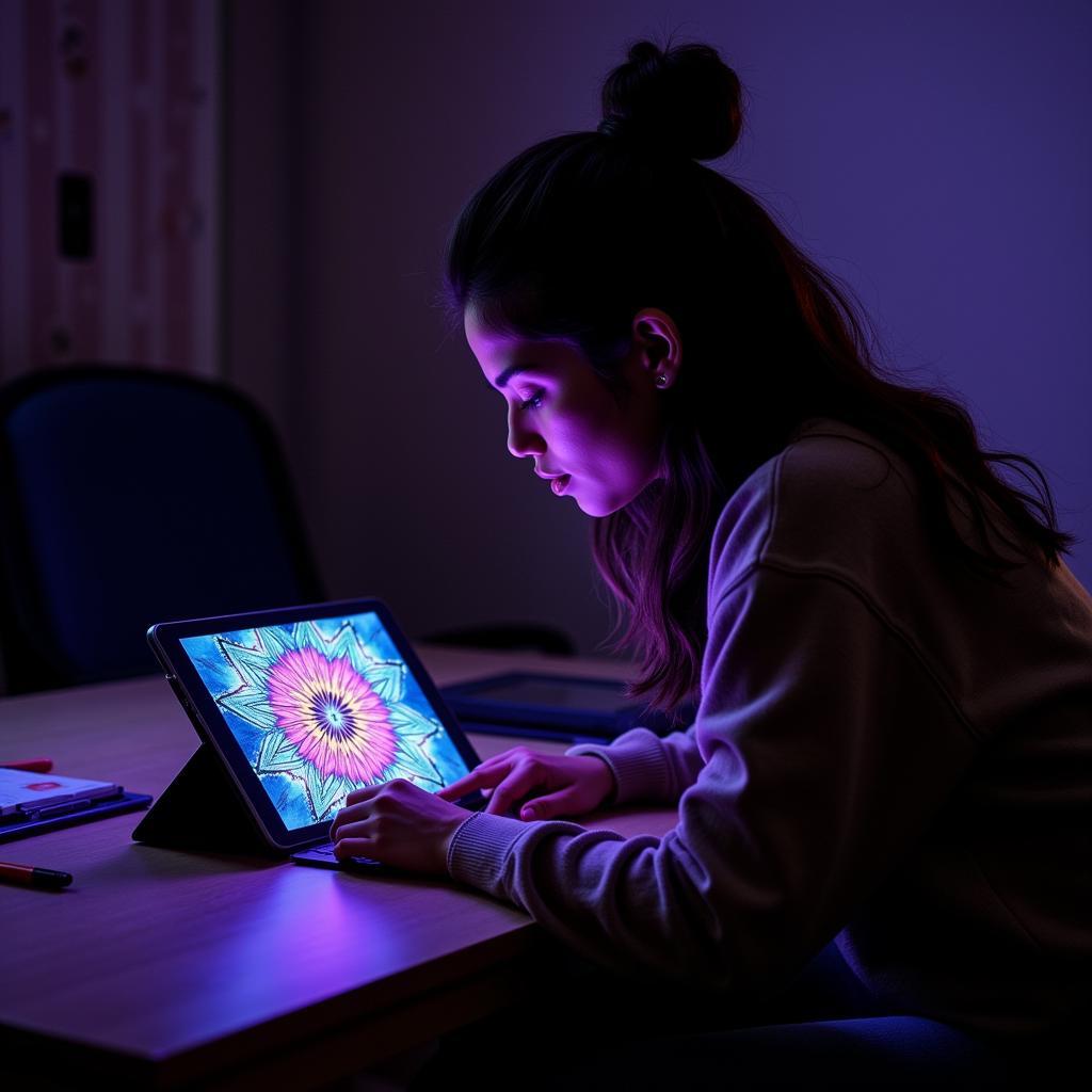 A woman engrossed in creating butterfly effect art on a digital tablet, surrounded by vibrant colors and intricate patterns