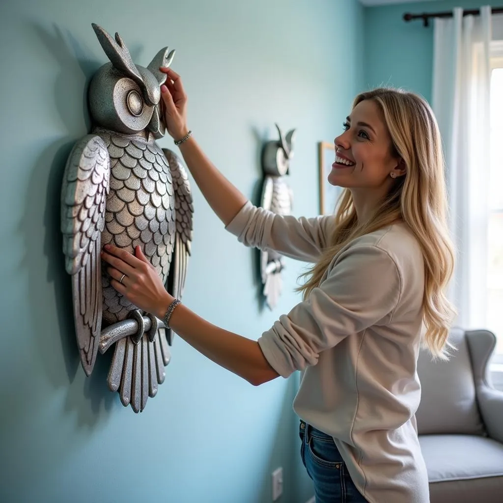 Woman hanging a metal owl wall art in her bedroom