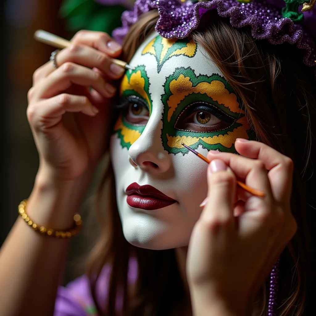 A woman painting a Mardi Gras mask in her art studio