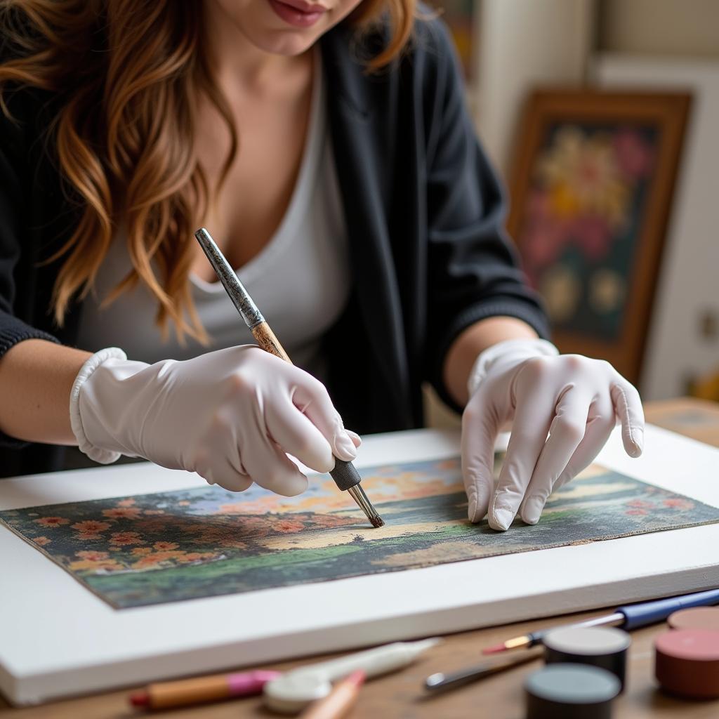 Woman Wearing Cotton Gloves Painting