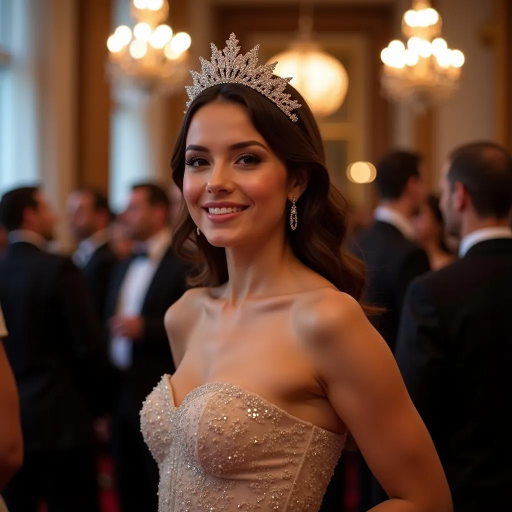 Art Deco Glamour: A woman wearing an art deco crown at a glamorous event.