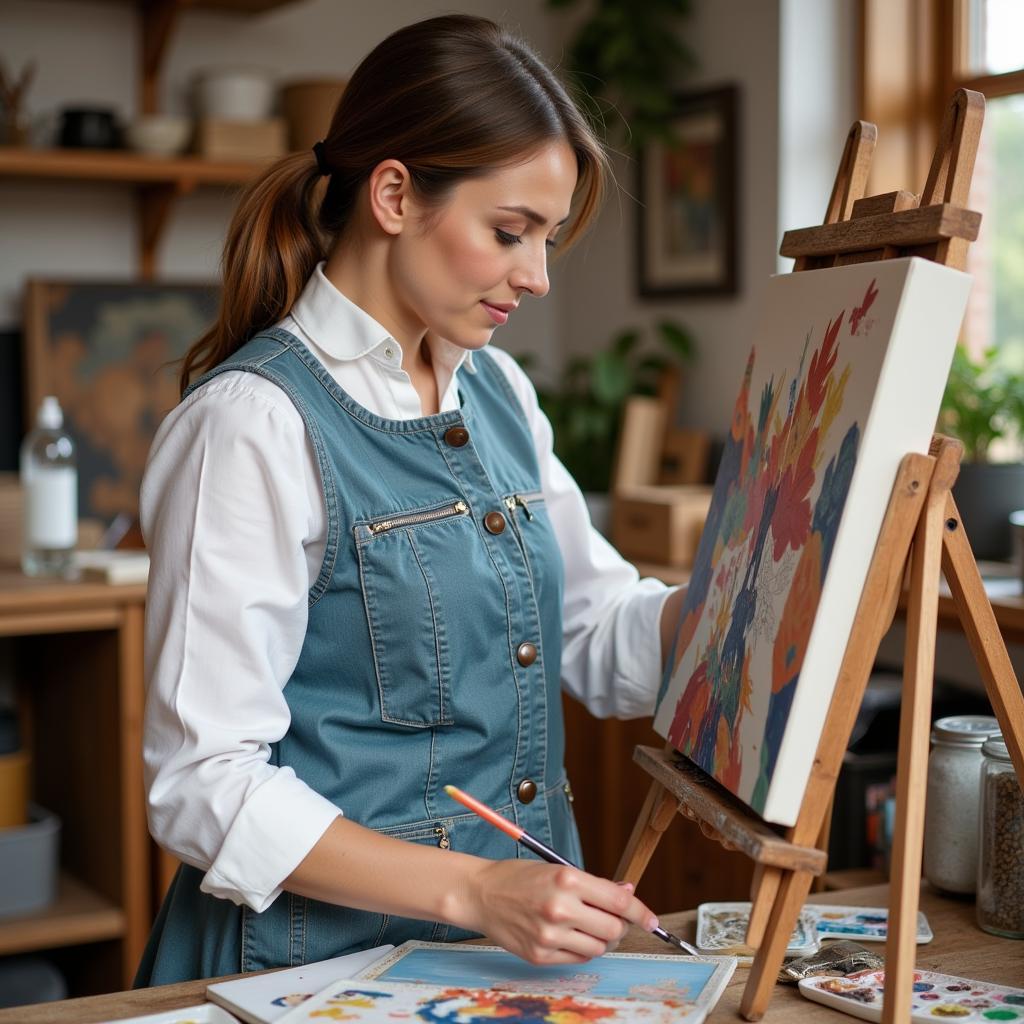 Woman wearing an art smock painting