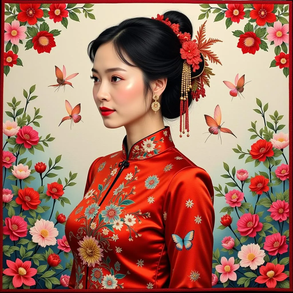 Portrait art quilt depicting a Vietnamese woman in a traditional Ao Dai