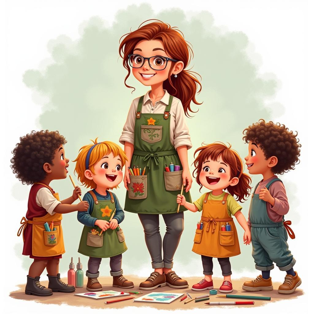 A woman wearing an art apron teaching a group of children how to paint