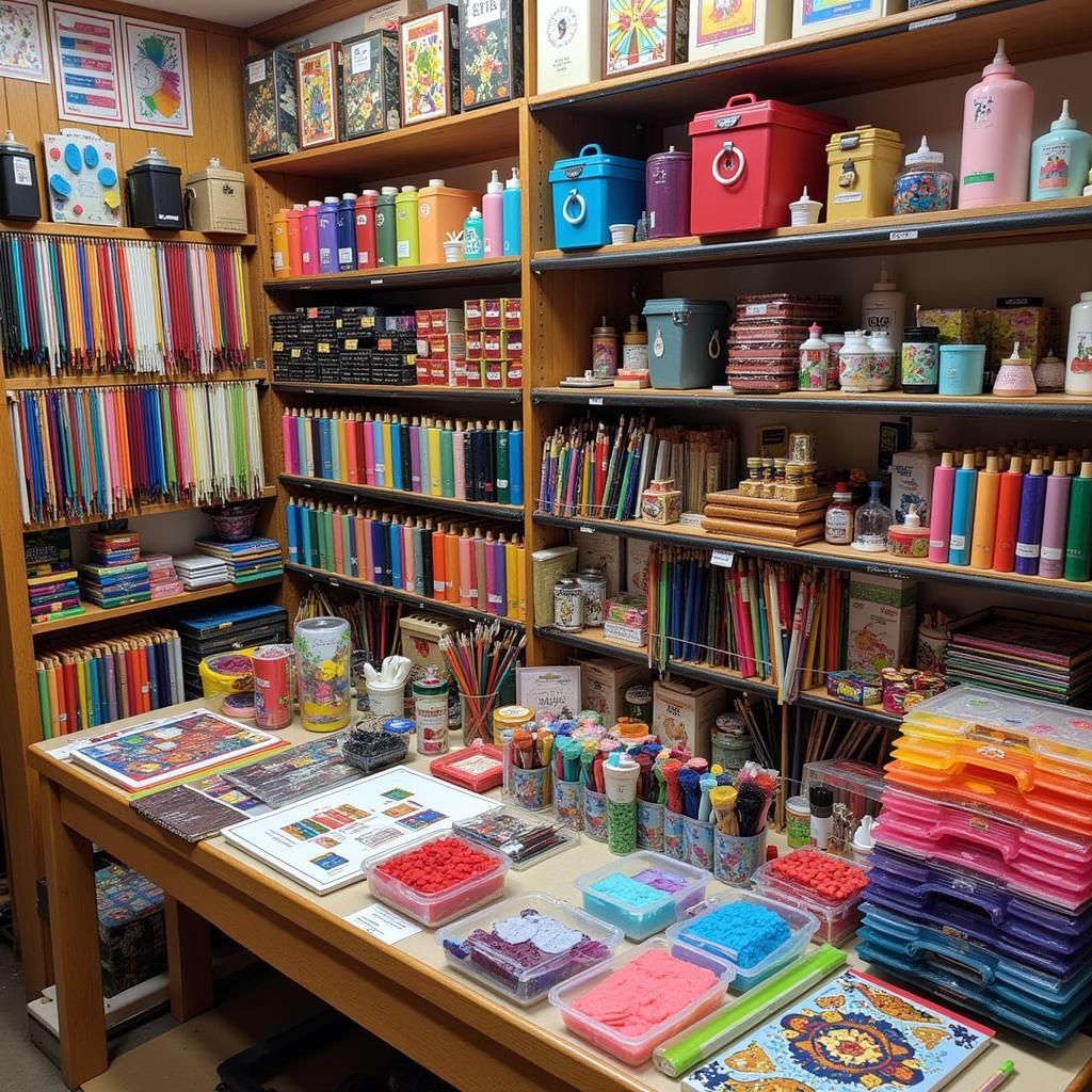 Art and craft supplies on display at a wholesale supplier