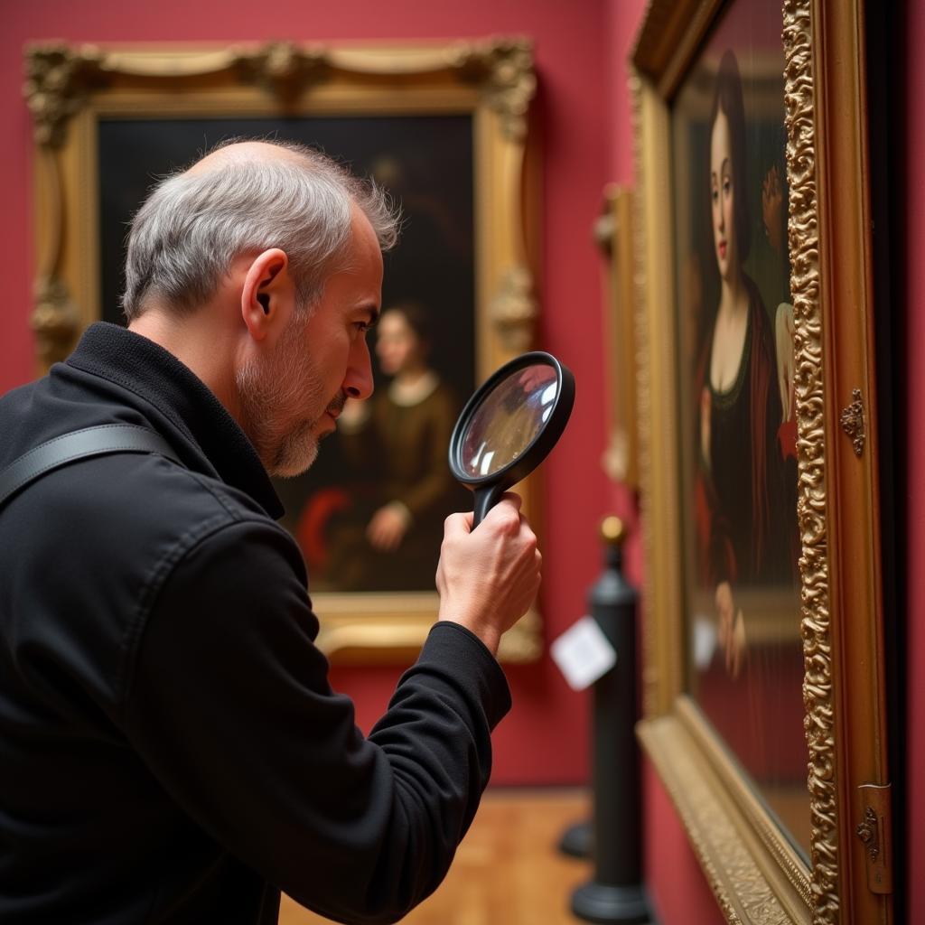 Collector examining a Renaissance artwork