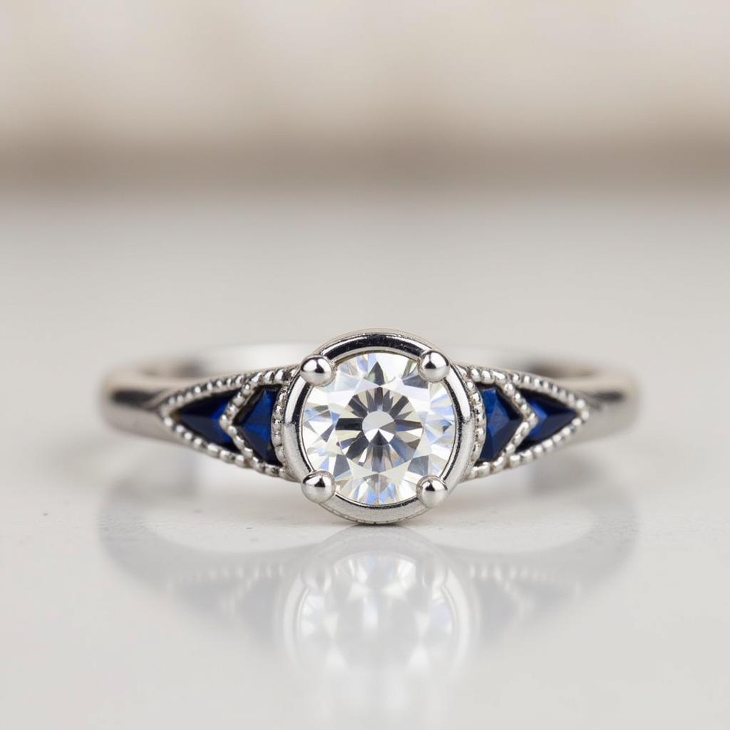 Art Deco diamond and sapphire engagement ring with a halo setting