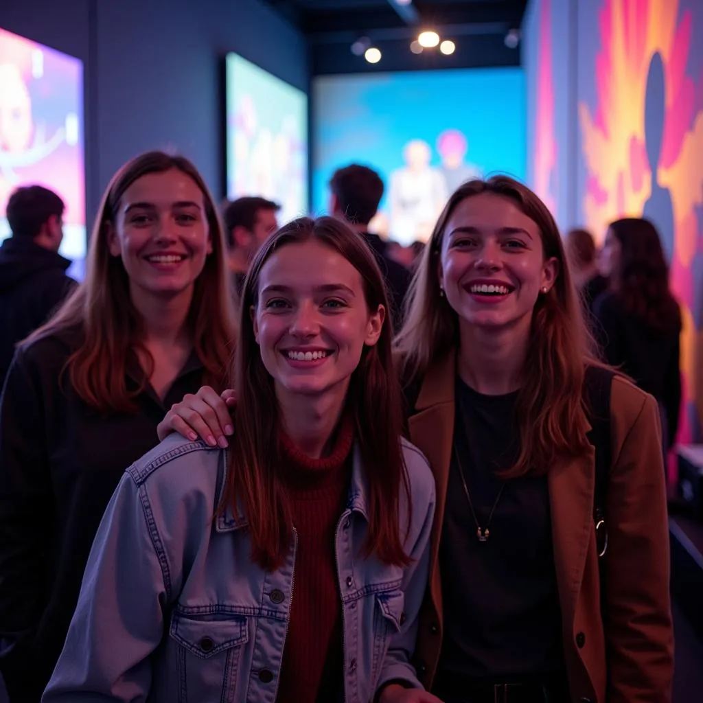 Group of friends laughing at a digital art exhibit