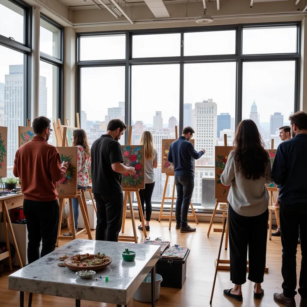 Group of people painting in a modern art workshop