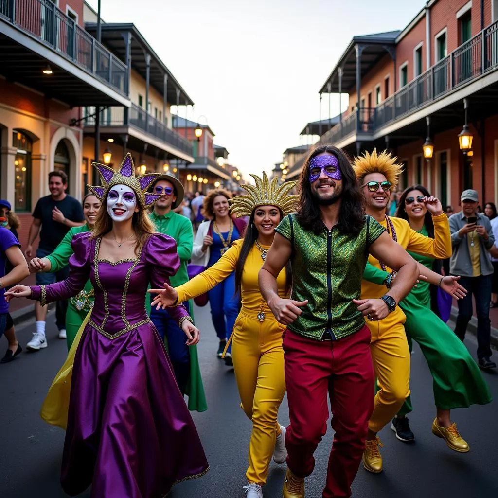 People wearing Mardi Gras masks dancing in a festive celebration