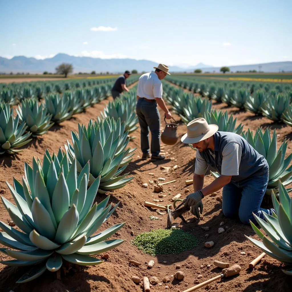 Farmers harvesting blue agave