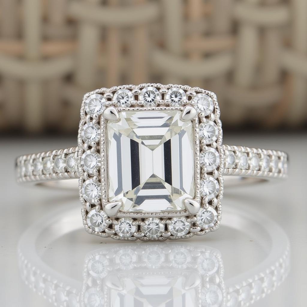 Art Deco halo engagement ring with a square-cut center diamond