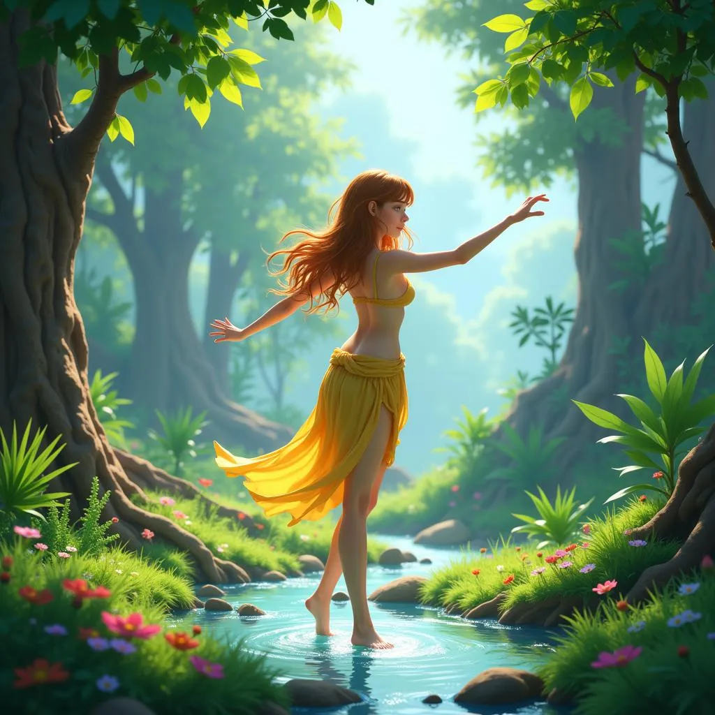 Animated sequence showcasing a nymph dancing gracefully amidst a vibrant landscape