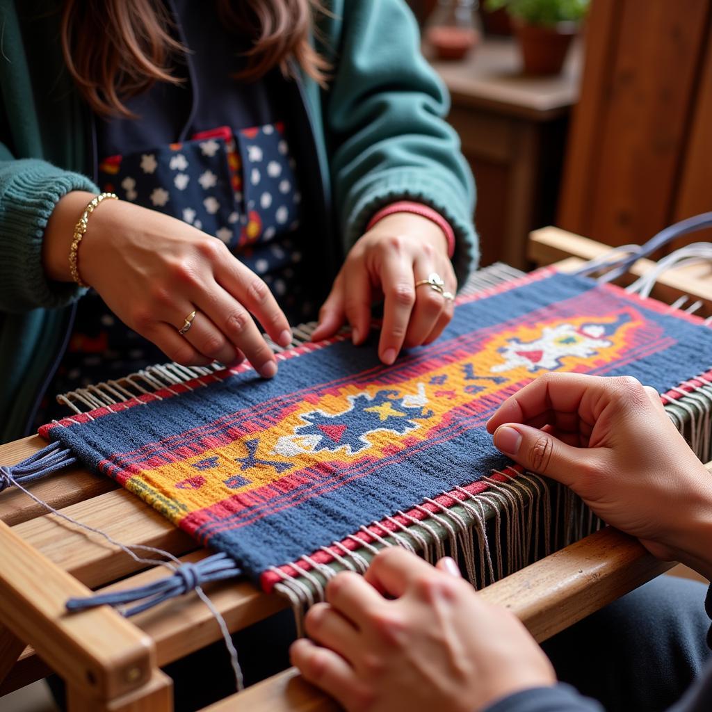 Oaxacan textile weaver creating an intricate animal design on a loom