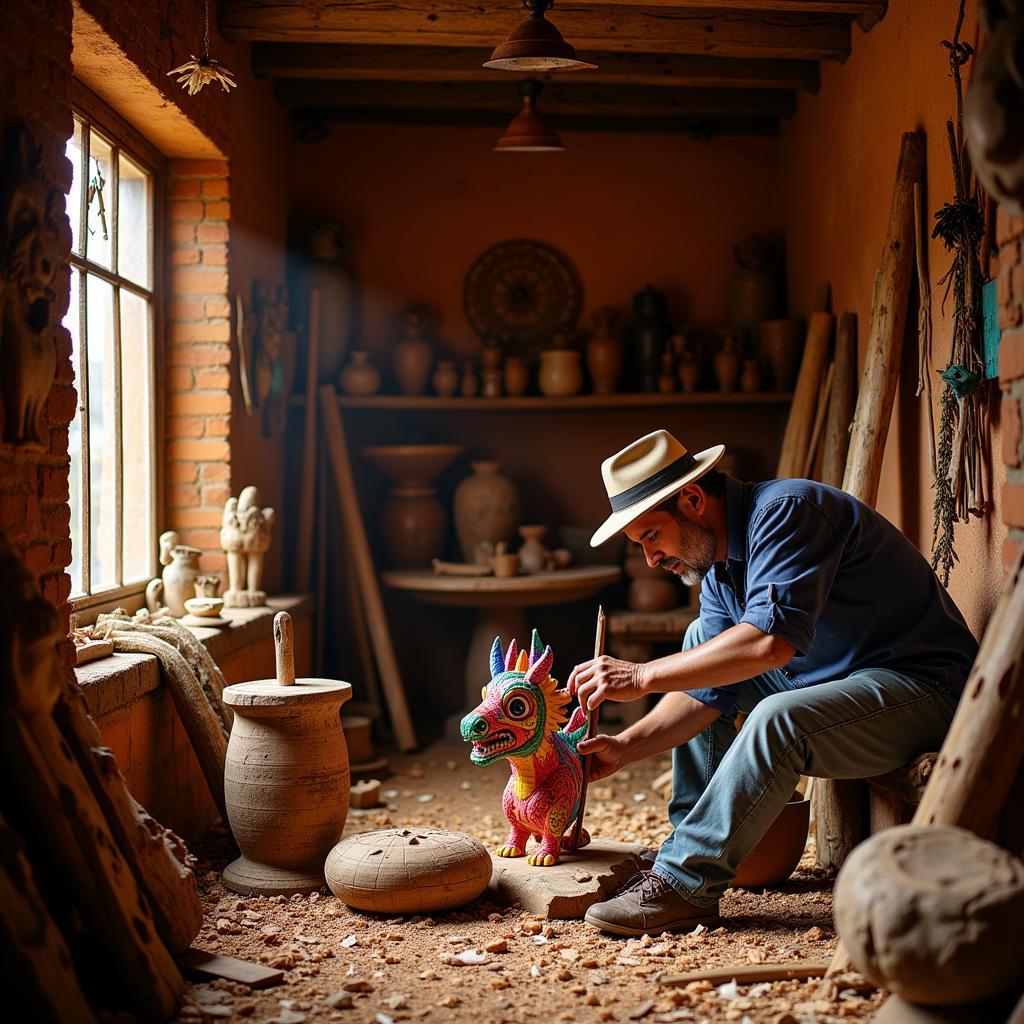 Skilled artisan carving alebrije in Oaxaca workshop