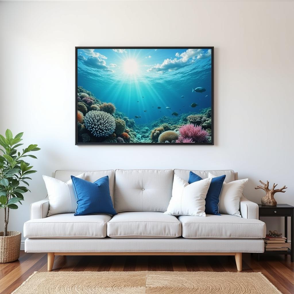 A living room decorated with ocean-themed elements