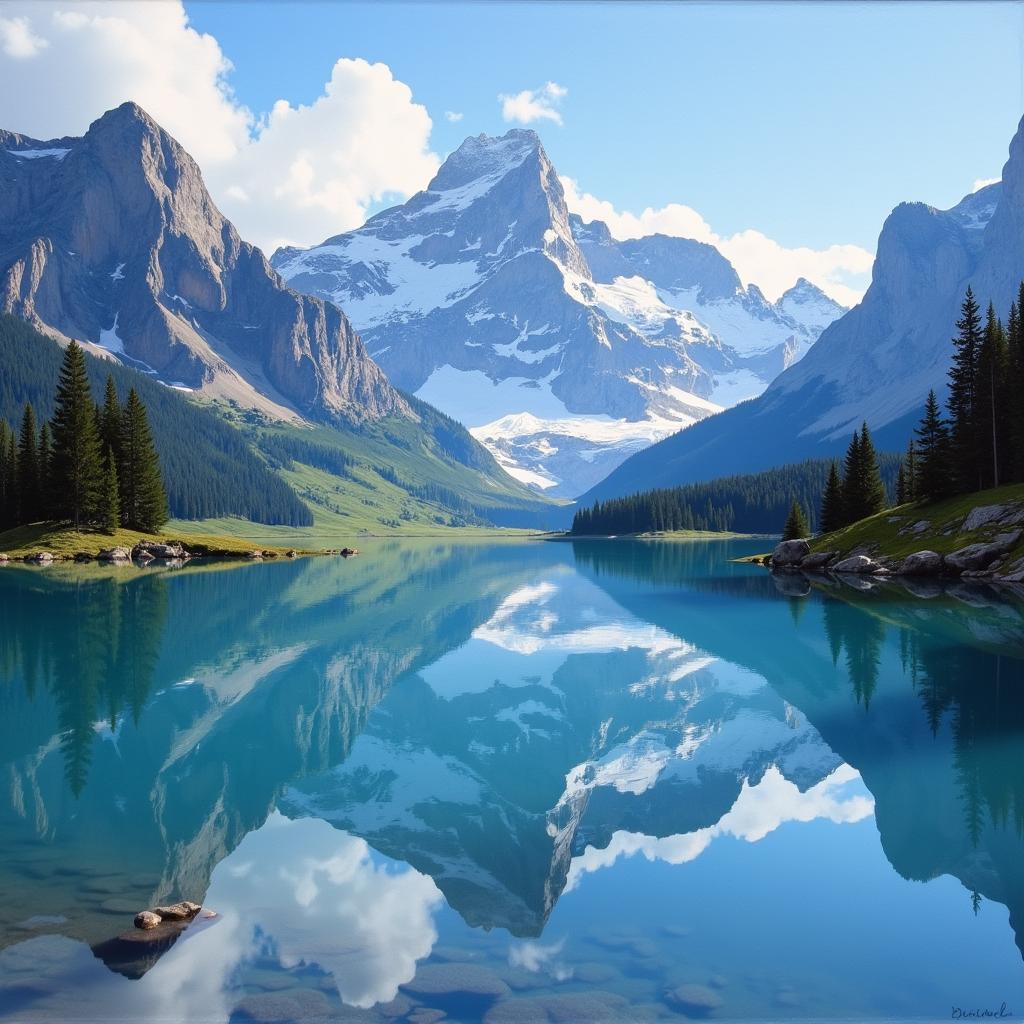 Oil Painting of Mountains and a Lake