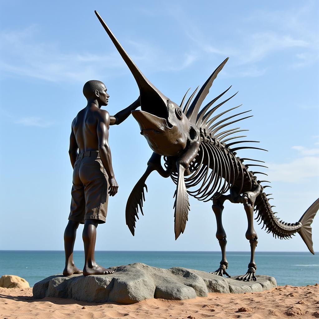 Bronze sculpture of Santiago and the marlin skeleton