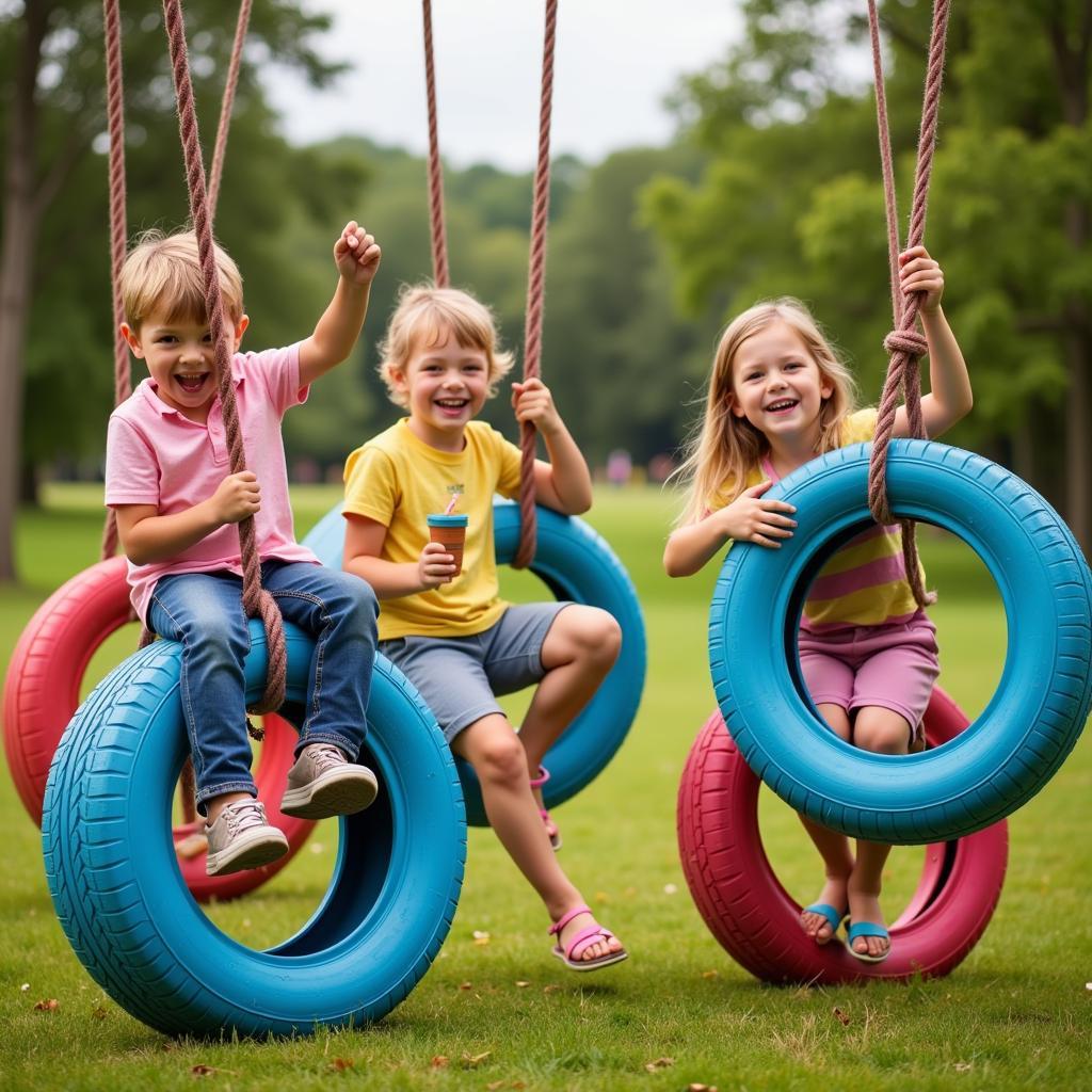 Children playing on swings made from old tires