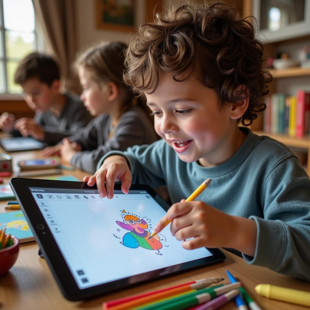 Homeschooler engrossed in an online art class