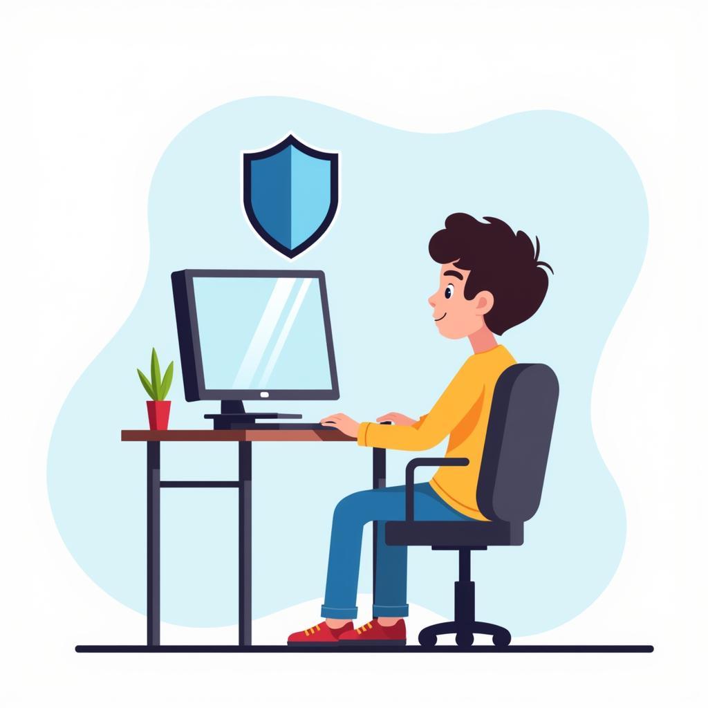 Illustration of a young person using a computer with a shield icon representing online safety.