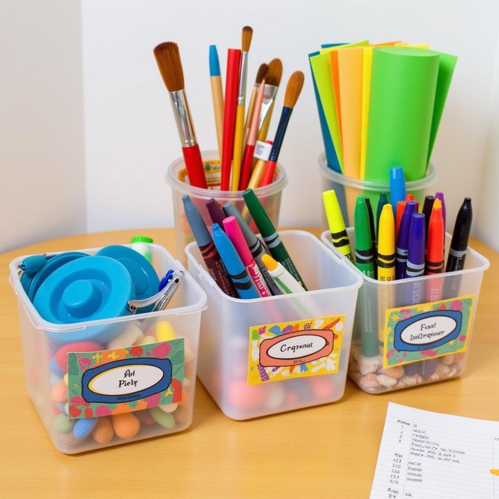 Kids' art supplies neatly arranged in labeled containers on shelves