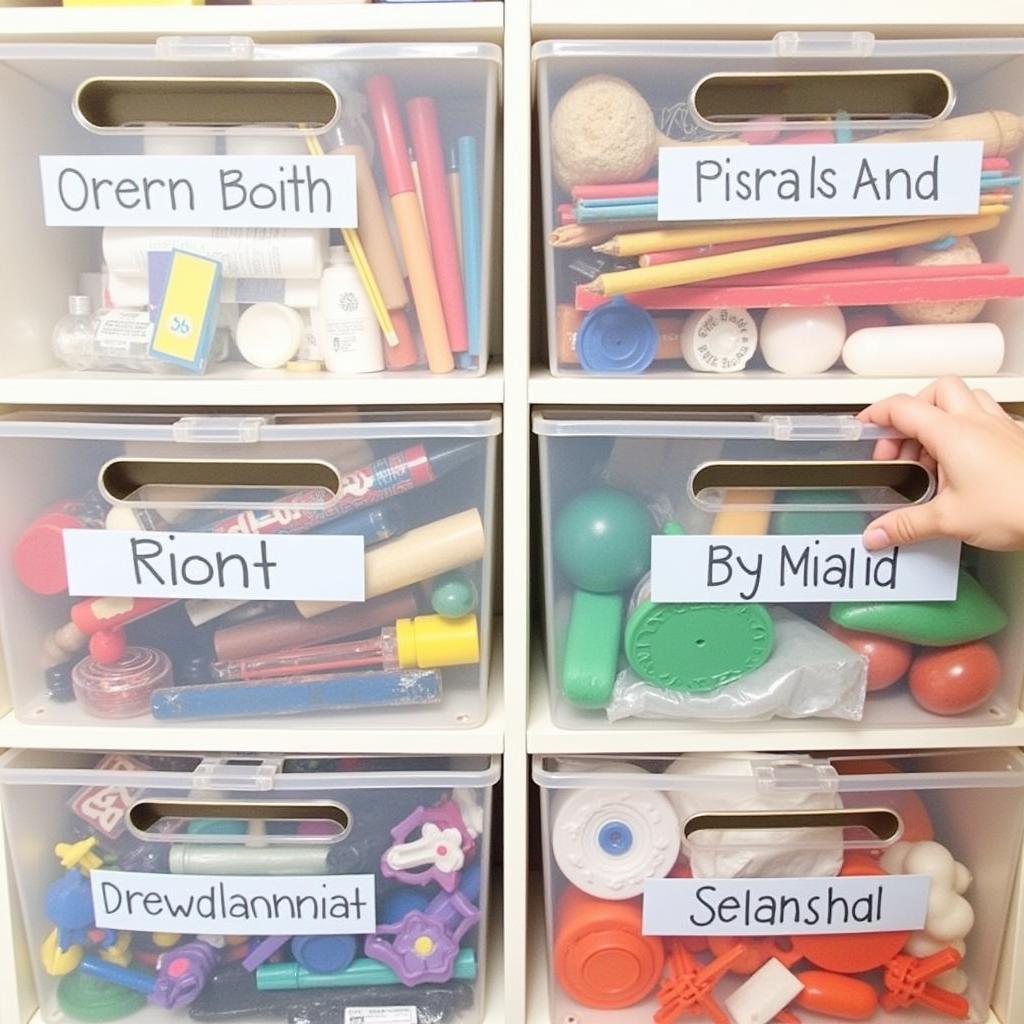 Art supplies neatly arranged in labeled containers on a Montessori art shelf