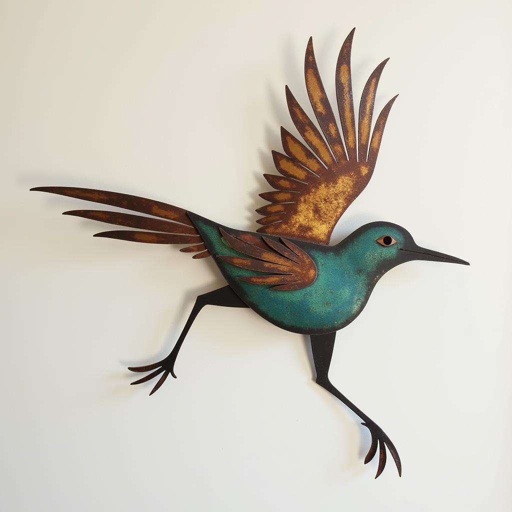 Modern metal wall art depicting a stylized oriole in flight