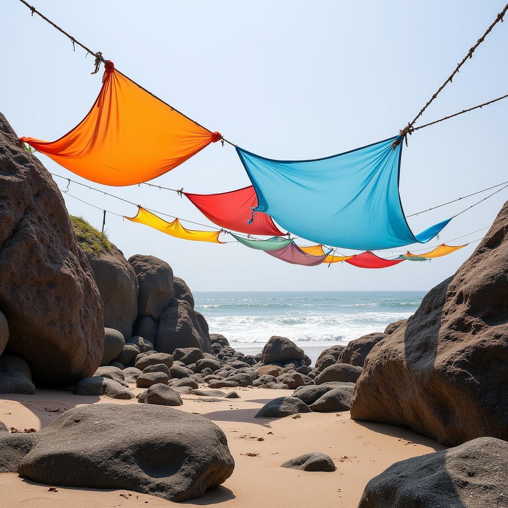 Colorful fabric draped between rocks on a beach