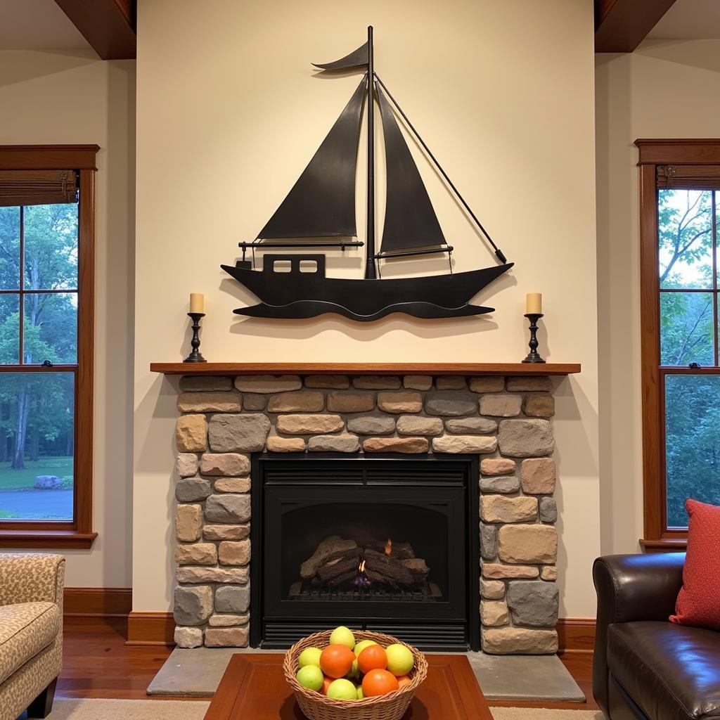 Oversized Metal Sailboat Wall Art Above a Fireplace