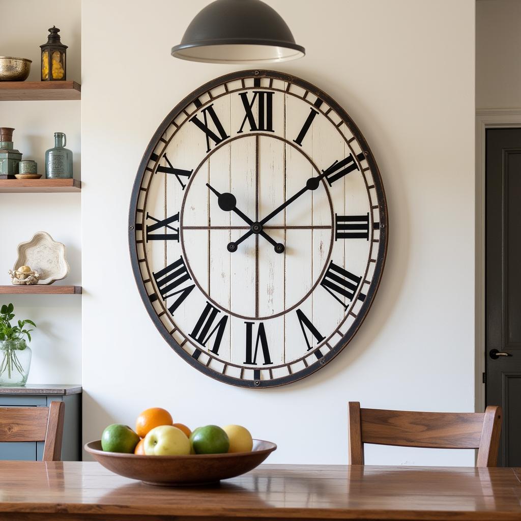 Oversized metal wall clock in a farmhouse kitchen