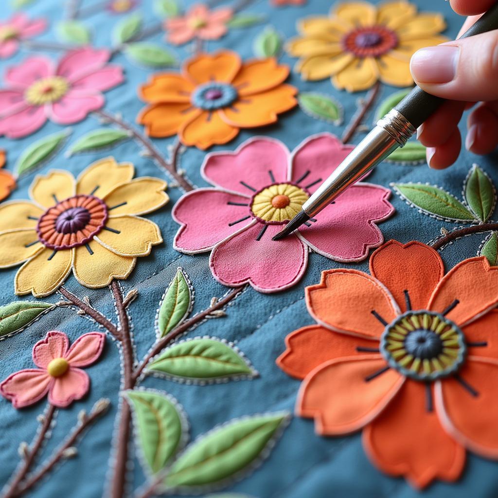 Close-Up of Painted Art Quilt with Floral Motifs