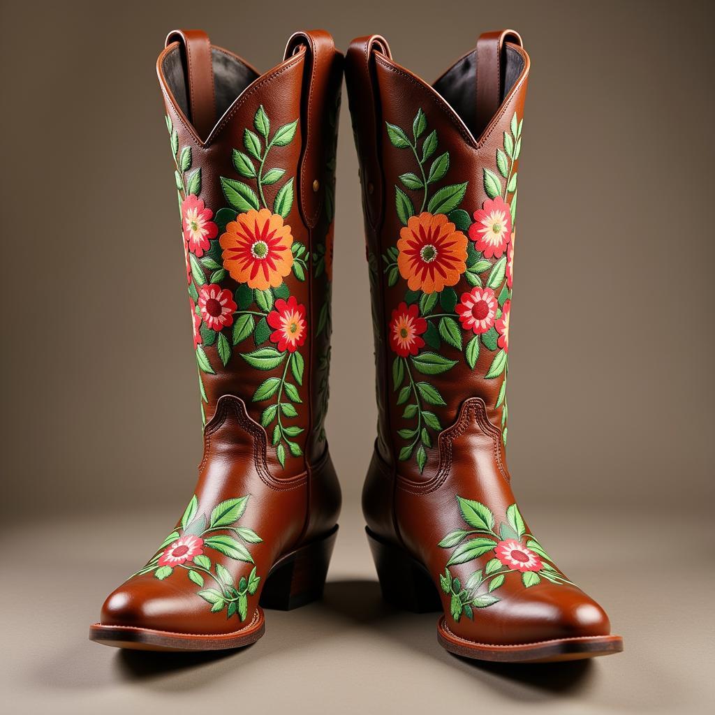 Painted Leather Boots with a Floral Design