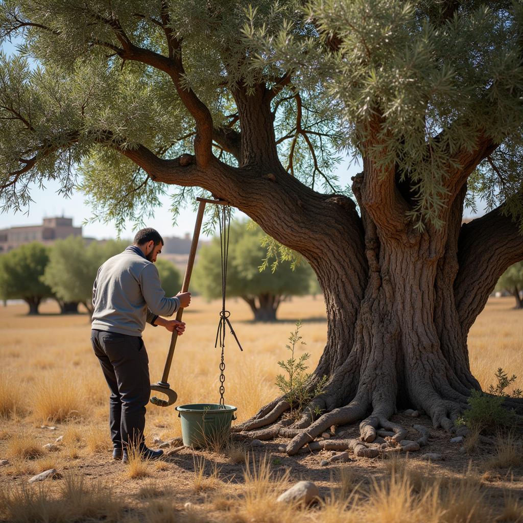 Palestinian farmer harvesting olives with traditional tools