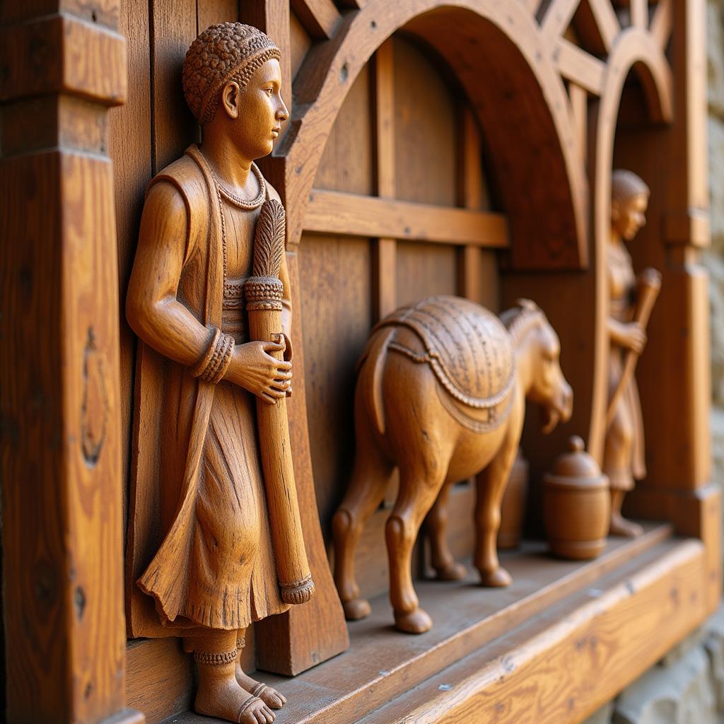 Palestinian olive wood carving depicting a traditional scene