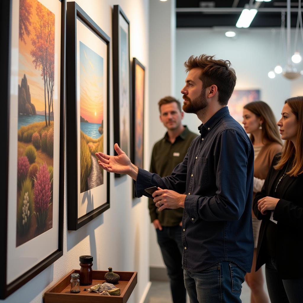 Artist explaining artwork to visitors at the fair