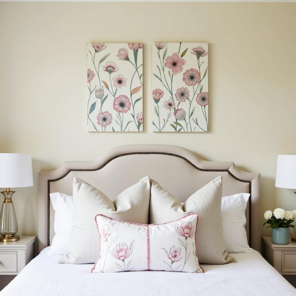 Serene Bedroom with Floral Patterned Wall Art