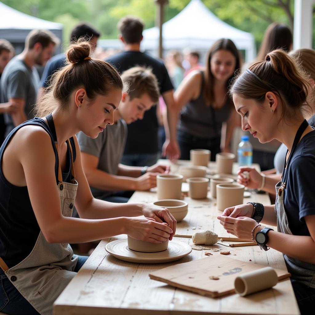 An artist demonstrating their craft at the Paulding Meadows Arts and Crafts Festival, surrounded by interested attendees.