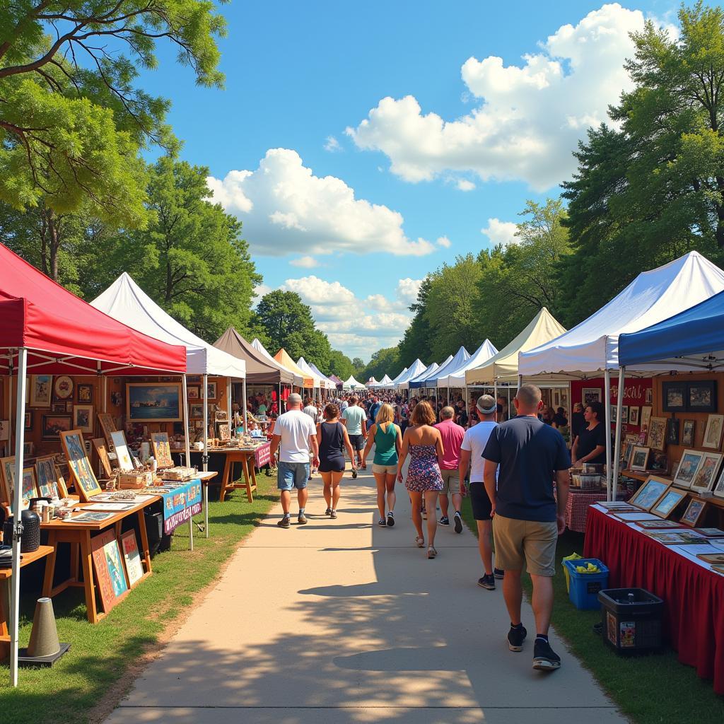 A colorful overview of the Paulding Meadows Arts and Crafts Festival, showcasing a variety of booths, art pieces, and attendees.