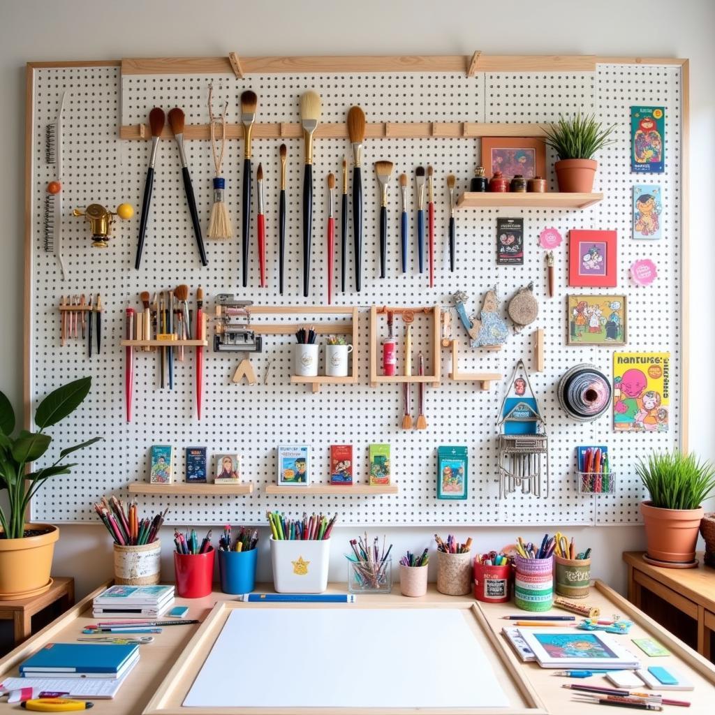 Pegboard art supply organization in an artist's studio.