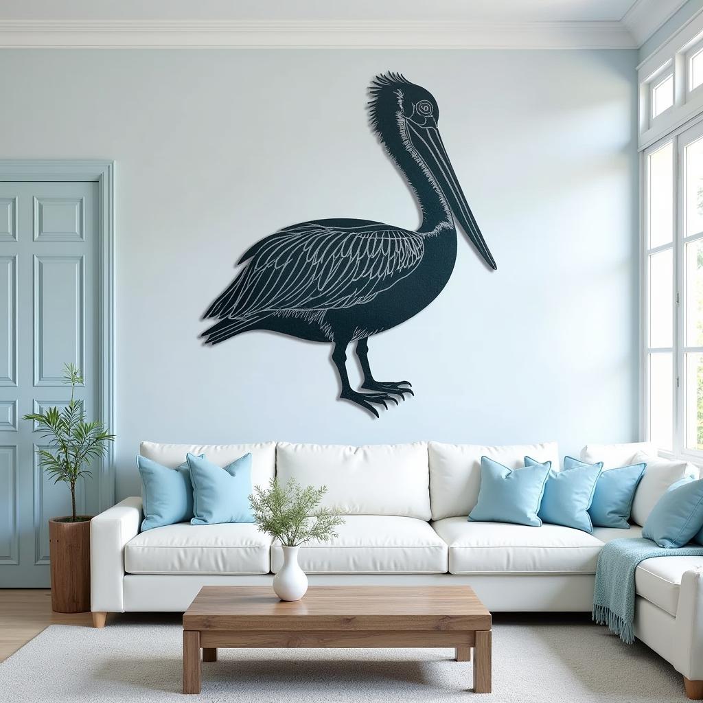 Pelican metal wall art adorning a coastal-themed living room