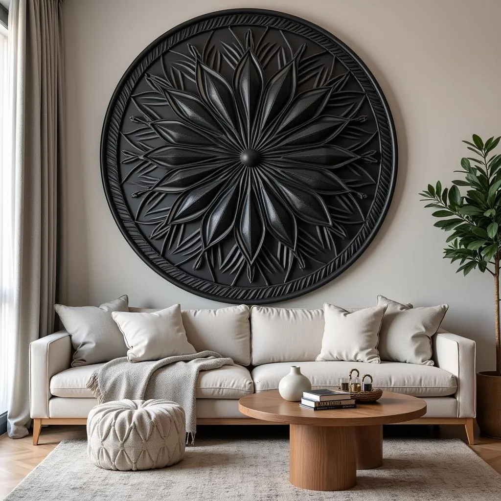 Living room adorned with a large black carved wood wall art piece