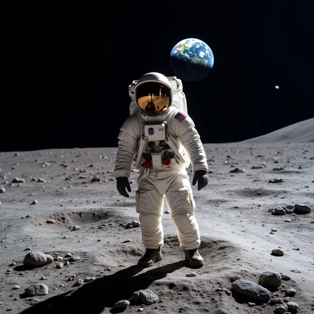 Astronaut standing on the moon looking back at Earth