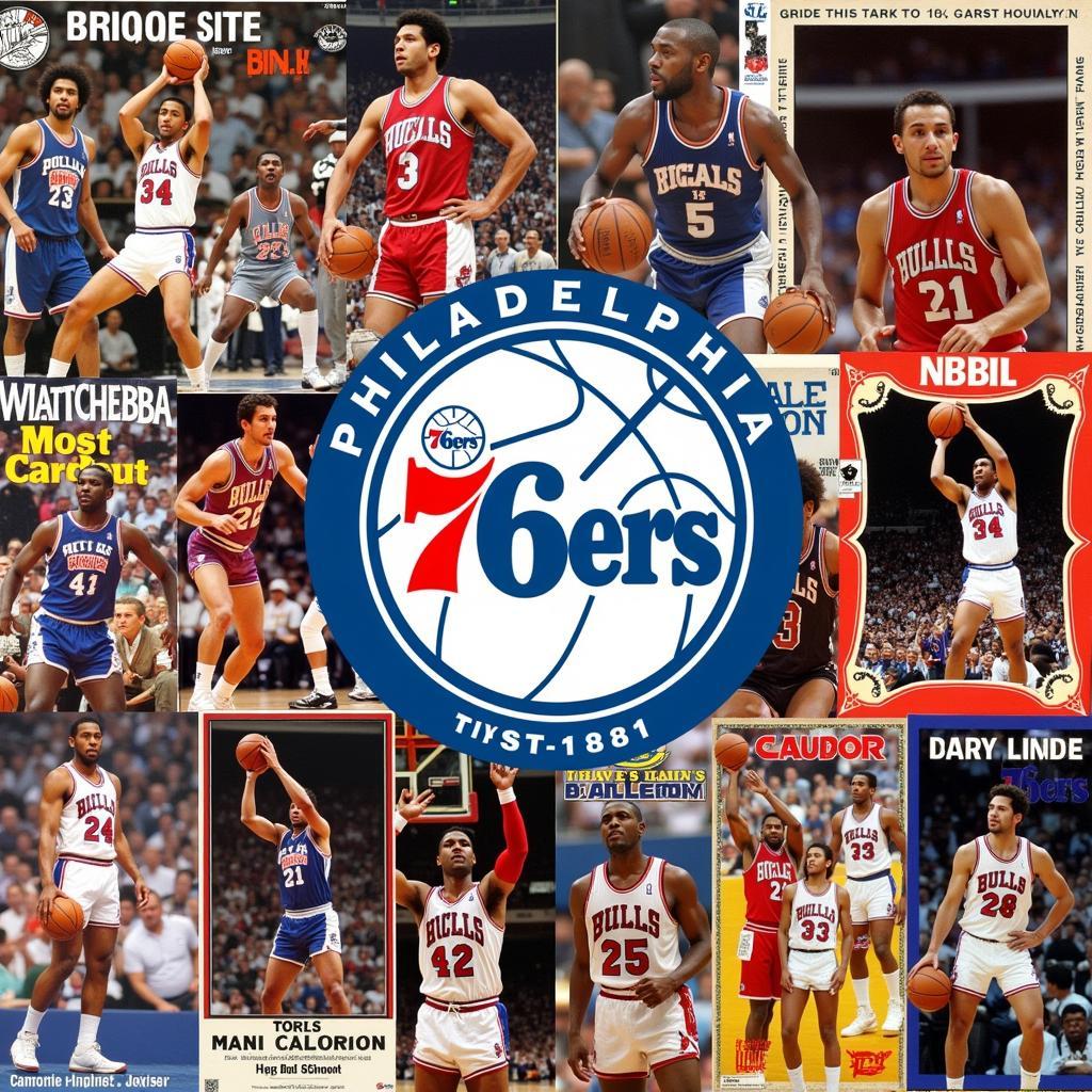 Vintage Philadelphia 76ers posters arranged in a collage on a wall