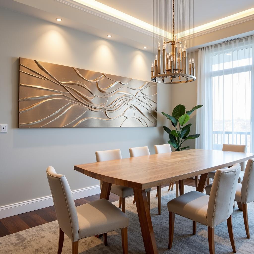 Contemporary Dining Room with Rectangular Metal Wall Art and Glossy Finish