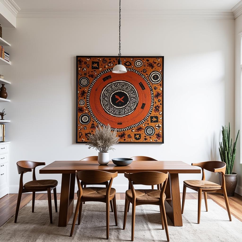 Modern dining room featuring a large mudcloth artwork