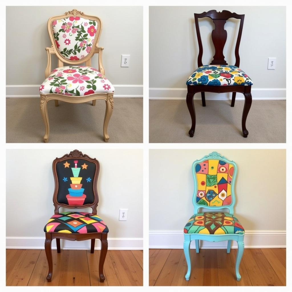 Different styles of painted chair art.